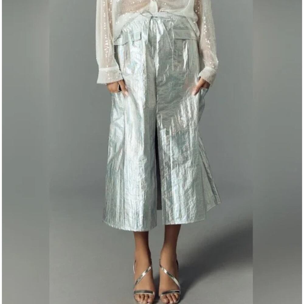 Anthropologie Metallic Silver Shine Cargo Midi Skirt Women’s Size Small